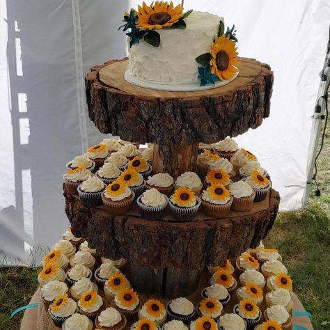 Country Wedding With Sunflowers, Wedding Cupcake Designs Rustic, Sunflower Wedding Cakes Rustic, Sunflower Cake And Cupcakes, Sunflower Wedding Theme Rustic, Rustic Sunflower Wedding Cake, Rustic Sunflower Wedding Decor, Sunflower Wedding Cakes, Wedding Cakes Sunflower