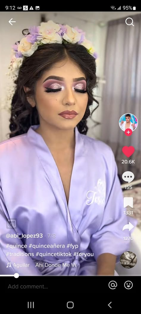 Sweet 15 Makeup Looks Purple, Make Up For Quinceanera Purple, Lilac Quinceanera Makeup Looks, Rapunzel Theme Makeup, Rapunzel Theme Quinceanera Dama Dress, Purple Quince Eye Makeup, Quinceanera Lavender Makeup, Purple 15 Makeup, Purple Makeup For Quince