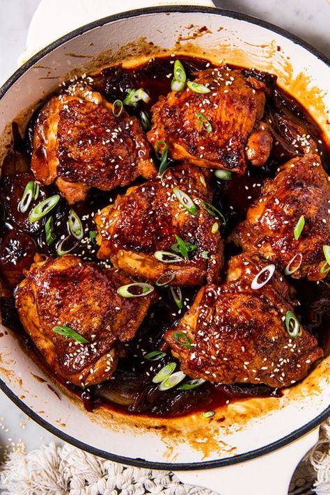 Boneless Chicken Thigh Dutch Oven Recipes, Braised Chicken Thighs Boneless, Braiser Pan Recipes, Braised Chicken Thigh Recipes, Asian Braised Chicken, Braiser Recipes, Asian Chicken Thighs, Dutch Oven Meals, Dutch Oven Recipes Cast Iron