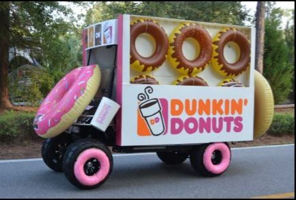 Dunkin Donuts Golf Cart Halloween Utv Decorations, Halloween Golf Cart Ideas Easy, Golf Cart Decorating Ideas Summer, Halloween Decorated Golf Carts, Decorated Golf Cart Ideas, Boat Parade Decorating Ideas, Halloween Golf Cart Decorations, Halloween Golf Cart Ideas, Decorated Golf Cart