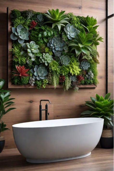 Budget-friendly bathroom decor with plant wall Living Succulent Wall, Succulant Planting Wall, Plant Wall In Bathroom, Living Wall Bathroom, Diy Bathroom Wall Decor, Snake Plant Wall, Diy Succulent Wall, Diy Plant Wall, Diy Bathroom Wall