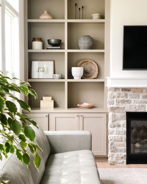 Dark Fireplace With Built Ins, Built In Display Cabinet Living Room, Taupe Built Ins, Barn Fireplace, Built In Shelves Living Room, Custom Farmhouse, Living Room Built Ins, Fireplace Built Ins, Ann Marie