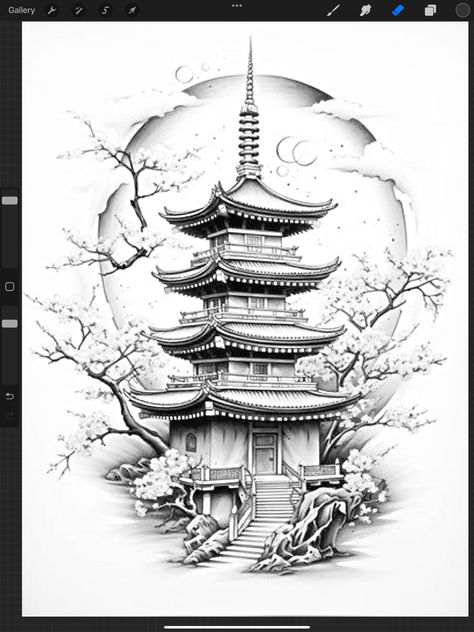 Chinese Leg Tattoo, Japanese Castle Tattoo, Japanese Waterfall Tattoo, Japanese Pagoda Tattoo, Pagoda Tattoo Design, Japanese Temple Tattoo, Bonsai Tattoo, Calf Tattoo Ideas, Temple Tattoo