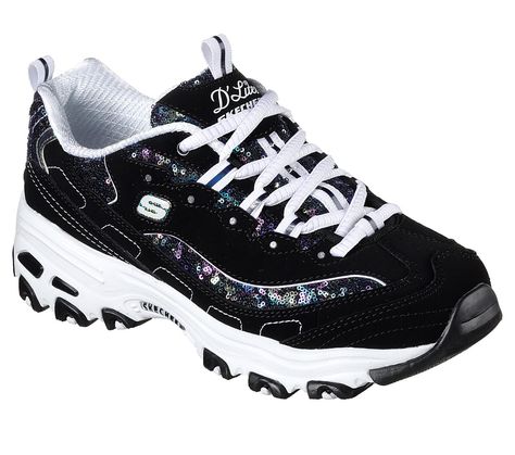 SKECHERS D'Lites - Fame N Fortune shoe.  Smooth leather and sequin fabric upper in a lace up sporty casual sneaker with stitching and overlay accents.  Air Cooled Memory Foam insole. Skechers D'lites, Sketchers Shoes, Skechers D Lites, Sporty Casual, Skechers Women, Shoes Uk, Skechers Shoes, Sports Footwear, Sketchers Sneakers