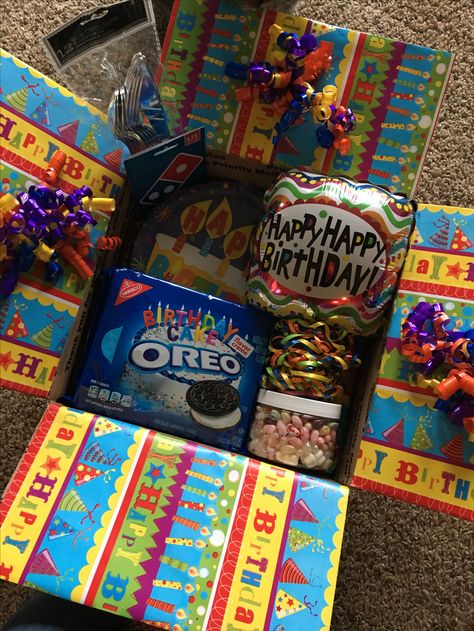 Made this fun birthday box for my son’s 19th birthday. I included gift cards and all of his favorite snacks! I wrapped the edges, sides, and bottom of the box with wrapping paper and attached a few fun curly bows! Birthday Box For Brother, Army Care Package, College Gift Boxes, College Care Package Ideas, Care Package Decorating, Care Package Ideas, Birthday Care Packages, Package Ideas, Cute Gifts For Friends