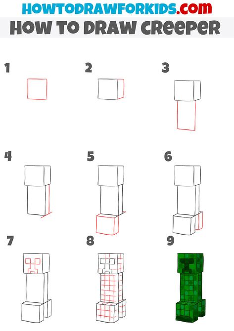 how draw creeper step by step How To Draw Minecraft Step By Step, Minecraft Sketchbook, Creeper Minecraft Drawing, Minecraft Drawings Easy, Creeper Drawing, Minecraft Light, Minecraft Sketch, How Draw, Minecraft Character