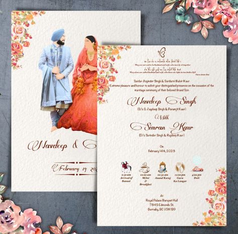 New Rules For Anand Karaj: Sikh Wedding Outfits, Destination Weddings & More - Eternity UK Sikh Wedding Card, Sikh Wedding Invitation, Spring Wedding Outfit, Wedding Invitation Video, Wedding Invitation Card Design, Bride And Groom Pictures, Beautiful Wedding Invitations, Sikh Wedding, Punjabi Wedding