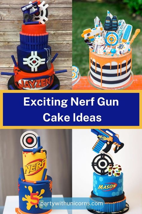 Nerf Cake Ideas, Nerf Birthday Cake, Party Cake Ideas, Nerf Cake, Blue And White Suit, Themed Birthday Cakes, White Suit, Ideas Party, Party Cake