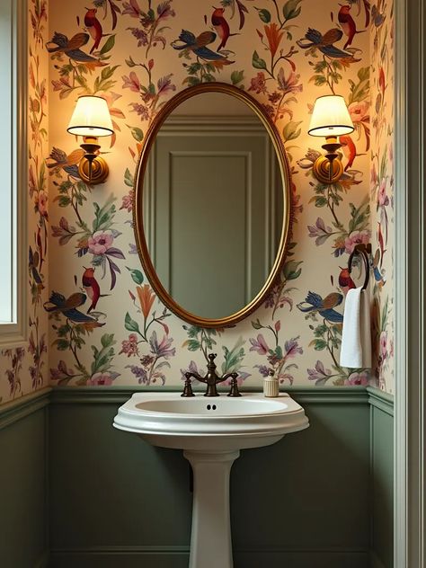 Mural Wallpaper Vintage Bathroom, Bathroom Wallpaper One Wall, French Wallpaper Bathroom, Wallpaper In House Interior Design, Bathroom With Chair Rail And Wallpaper, Powder Room With Beadboard Walls, Bathroom With Wallpaper Ceiling, Paneling And Wallpaper Bathroom, English Cottage Powder Room