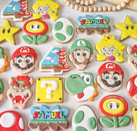 Mario Kart Birthday Cookies, Super Mario Cookies Birthday, 4th Birthday Party For Boys Mario, Super Mario First Birthday, Mario Cart Cookies, Mario Theme Cookies, Mario And Luigi Cookies, Mario Party Cookies, Mario Birthday Party Cookies