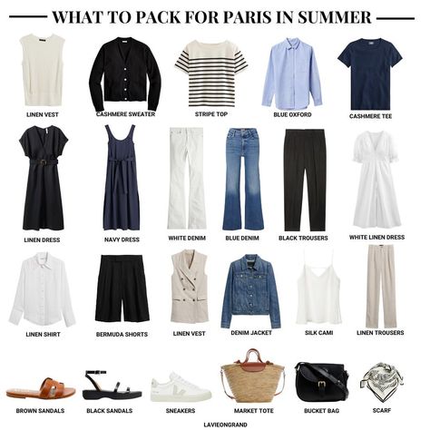 What to pack for Paris in summer. Sharing packing ideas and inspiration on the blog. Classic, timeless, and chic pieces to help inspire… | Instagram What To Pack For Paris, Paris In Summer, Paris Packing List, Paris Packing, Capsule Wardrobe Women, Paris Summer, Paris Chic, French Girl Style, Travel Wardrobe