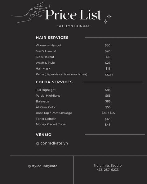 UPDATED SERVICE / PRICE LIST!! I am now offering perms!☺️ Hair Services Price List, Hairstylist Price List, Hair Salon Price List, Hair Salon Prices, Partial Highlights, Price List Design, Salon Price List, Hair And Nail Salon, Hair Services