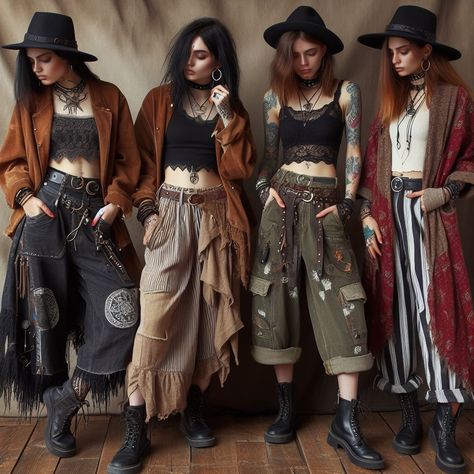 Bohemian Punk Style, Industrial Era Fashion, Dark Boho Clothes, Witch Fashion Aesthetic Modern, Hipster Outfits Aesthetic, Edgy Boho Aesthetic, Punk Witch Aesthetic, Boho Punk Style, Street Boho Style