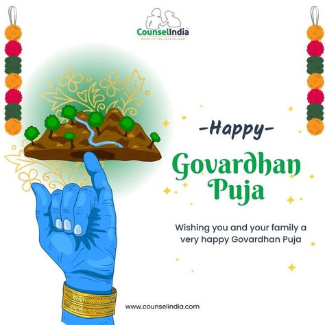 Counsel India wishes you all a very happy Govardhan Puja. We hope you lift all your problems in your life just like lord Krishna lifted the Govardhan Parwat. We wish you and your family a very prosperous and healthy Govardhan Pooja. Celebrate this day with your family and make your bond stronger. Don't forget to have a look on our ongoing festival offers and help yourself lift your problems more efficiently. Fore more details, comment "YES". Govardhan Pooja, Happy Govardhan Puja, Happy Govardhan, Govardhan Puja, Help Yourself, Lord Krishna, Krishna, India, Festival