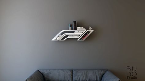 Formula 1 iron bookshelf on Behance Racing Bedroom, Iron Bookshelf, Design Bookshelf, Spider Man Logo, Hot Wheels Room, Interrior Design, House Bedroom Ideas, Hypebeast Room, Modern Restaurant Design