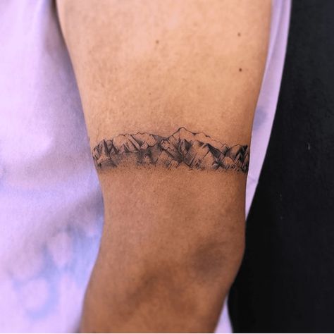 Mountain Range Arm Band Tattoo, Olympic Mountains Tattoo, Mountains Wrap Around Tattoo, Wrap Around Mountain Tattoo, Mountain Tattoo Arm Band, Mountain Tattoo On Forearm, Mountain Tattoo Band, Mountain Band Tattoo Design, Rocky Mountain National Park Tattoo