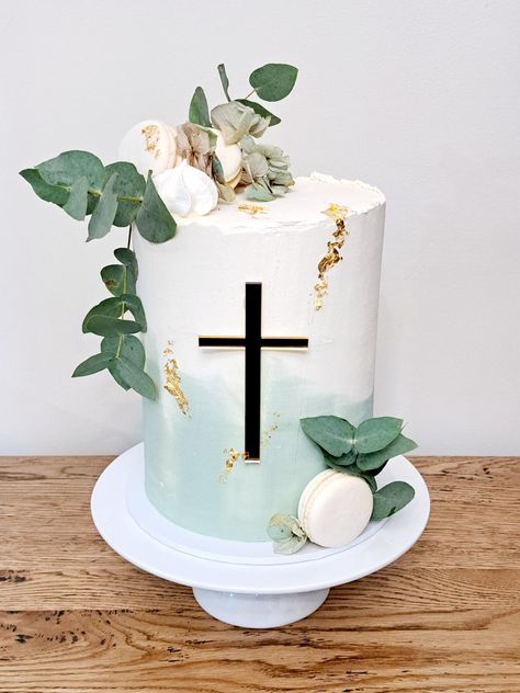 Ombre buttercream Christening cake with gold leaf Simple Confirmation Cakes, Boys Confirmation Cake, Green Baptism Cake, Boys Christening Cake, Communion Cakes Girl, Confirmation Cakes For Boys, First Communion Cake Boy, Baptismal Cake Boy Simple, First Communion Cakes For Boys