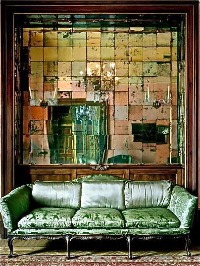 Beautiful use of mirror - Cuba 2002, Michael Eastman Antiqued Mirror Wall, Antique Mirror Tiles, Park Project, Green Couch, Art Fairs, Mirrored Wall, Green Home Decor, Lincoln Park, Mirror Tiles