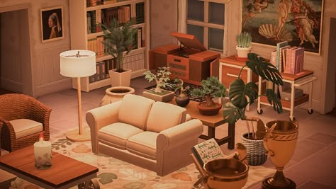 Animal Crossing Living Room Design, Acnh Cottage Core Living Room, Anch Living Room, Animal Crossing Main Room Ideas, Acnh Main Room Designs, Animal Crossing Living Room Ideas, Living Room Acnh, Acnh Living Rooms, Animal Crossing Living Room