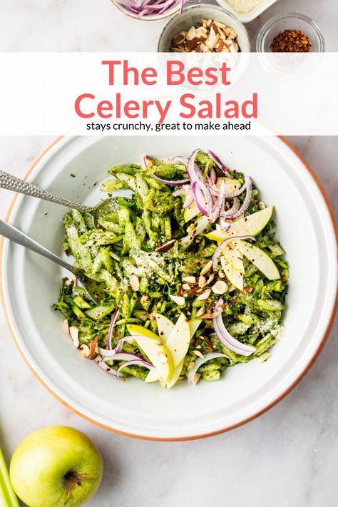 Make this crunchy and delicious celery salad for your next dinner party, picnic, or barbecue. It keeps well in the heat, can be made in advance, and is full of unique flavor. #appetizer #salad #sidedish #makeahead #quickandeasy Celery Salad Recipes, Grilled Vegetable Salads, Appetizer Salad, Celery Recipes, Celery Salad, Side Salads, Chef Ideas, Slender Kitchen, Super Salads