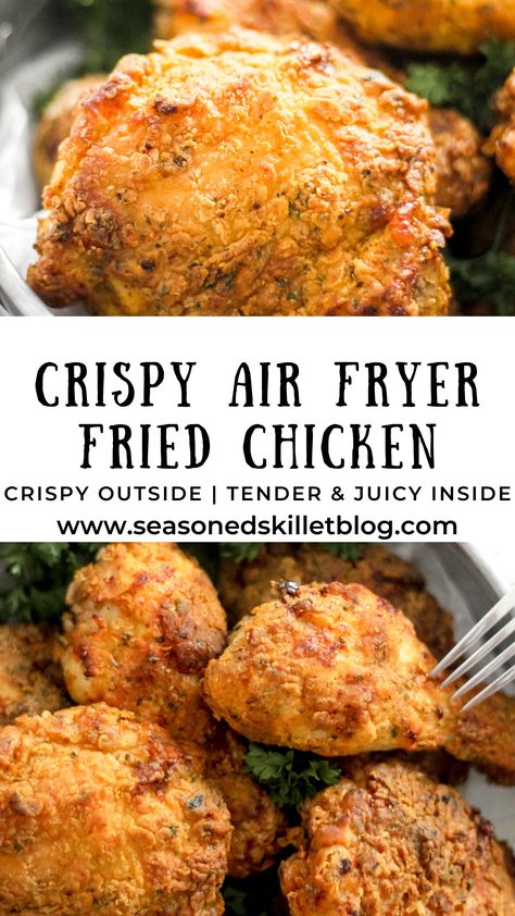 Crispy Air Fryer Fried Chicken is the perfect chicken dinner recipe where you'll learn how to make the best Air Fryer fried chicken that's golden brown and crispy on the outside, tender and juicy on the inside, and full of flavour! This is a healthier alternative to deep fried chicken without compromising the crunch or taste and without all the hot oil and grease! Cooking Charts, Fried Chicken Legs, Air Fryer Fried Chicken, Air Fryer Chicken Thighs, Spicy Fried Chicken, Seasoned Chicken, Air Fryer Oven Recipes, Diner Recept, Chicken Entrees