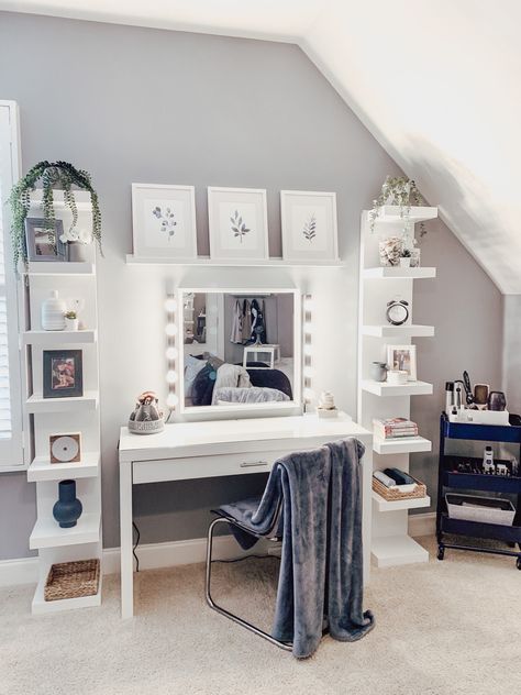 Vanity Room Ikea, White Ikea Vanity, Ikea Bedroom Vanity Ideas, Vanity Bookshelf Ideas, Ikea Vanity Table Hack, Vanity With Ikea Shelves, Room Ikea Bedrooms, Ikea Vanity Set Up, Vanity Ideas Bedroom With Shelves