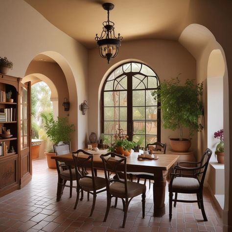 🏡🌿 Cozy Spanish-style dining space with arched windows and earthy terracotta floors. Warm wood furniture meets soft grey chair pads. Ambient light from an old-school chandelier. Touches of greenery and rustic decor add charm. Perfect for homey meals! 🍽️✨ #HomeDecor #SpanishBungalow
#odastudioAI #odaAIstudio #odastudio

#diningroomdecor #diningroom #diningroomideas #diningroominspiration #diningtabledecor #classydiningroom #elegantdining #homedecor #interiordesign #diningroomstyle Saltillo Tile Dining Room, Spanish Style Round Dining Table, Dining Room Chandelier Spanish, Spanish Style Dining Room, Spanish Revival Pendant Light, Spanish Dining Room, Classy Dining Room, Spanish Chandelier Vintage, Earthy Terracotta