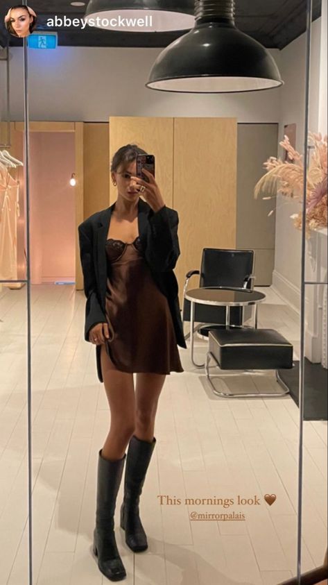 Mirror Palais Brown Slip Dress and Blazer #ootd #fashion #mirrorpalais Blazer Going Out Outfit, Slip Dress Outfit Night, Slip Dress Outfit Winter, Dress With Blazer Outfit, Dress And Blazer Outfit, Brown Dresses Outfit, Winter Going Out Outfits, Brown Slip Dress, Dress Outfit Winter