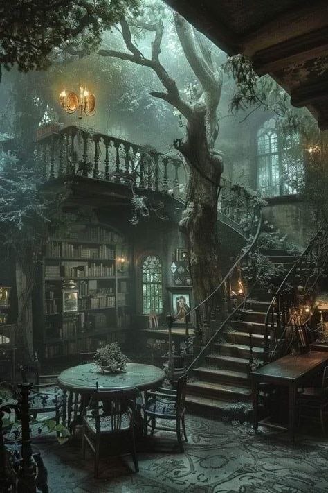 Fantasy Cottage Interior, Witch House Interior, Witch Cabin, Gothic Fireplace, Gothic Library, Forest House Ideas, Magical Library, Witch Hut, Witches House