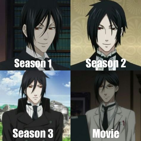 This is a pict of Sebastian Michaelis in every seasons. In fact, Sebastian is handsome from the beginning lol XD Watdaya think?? Kuroshitsuji || Sebastian Michaelis Bottom Sebastian Michaelis, Sebastian Michaelis X Y/n, Sebastian Michaelis X Oc, Sebastian Michaelis Fan Art, Sebastian Michaelis Cosplay, Black Butler Comics, Claude Faustus, Black Butler Meme, Hair Meme