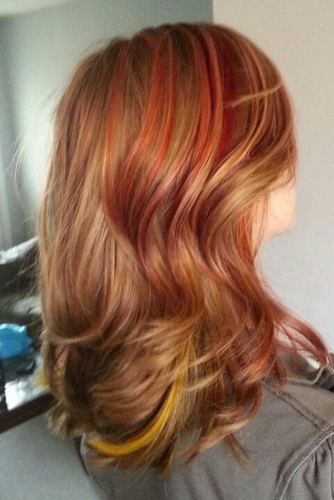 Sunrise streaks, red pink orange yellow highlights Celeb Hair, Yellow Highlights, Hair Doo, Y2k Hair, Hair Streaks, Pink Orange Yellow, Shot Hair Styles, Work Hairstyles, Yellow Hair