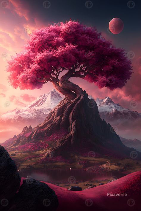 Fantasy World Art, Fantasy Landscape Art, Fantasy Tree Drawing, Sakura Tree Wallpaper Anime, Sakura Background Landscape, Sakura Tree Anime Background, Pink Tree Fantasy Art, Fantasy Sakura Forest, Japanese Cherry Tree