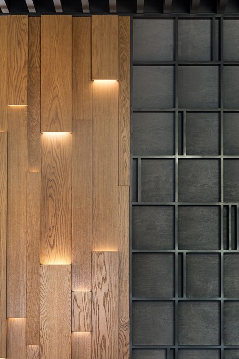 NIKAS restaurant on Behance Wooden Wall Design, Tv Fal, Feature Wall Design, Wall Decoration Ideas, Wall Panel Design, Wooden Wall Panels, Lobby Interior, Wood Cladding, Wooden Ceilings