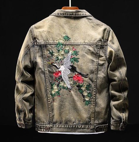 Embroidery Denim Jacket, Denim Jacket Embroidery, Coated Denim Jeans, Punk Jeans, Male Streetwear, Stonewashed Jeans, Jacket Embroidery, Embroidery Denim, Hip Hop Jeans