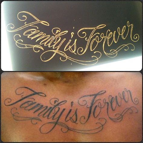 family+is+forever+tattoo | Family is forever. Walk in scriptic fun. #tattoo #tattoos #script # ... Family Is Forever Tattoo, Family Calligraphy, Tattoos Script, Family Is Forever, Fun Tattoo, Forever Tattoo, Tattoo Family, Tatted Men, Chest Piece Tattoos