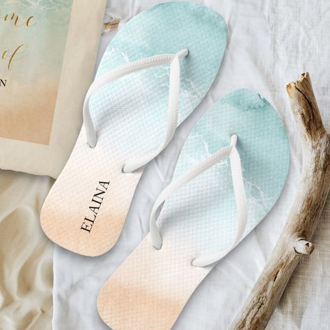 Tropical Sandy Ocean Beach Watercolor Personalized Flip Flops - flip flop Bachelorette Flip Flops, Comfy Flip Flops, Clear Ocean, Destination Wedding Welcome Bag, Personalized Flip Flops, Watercolor Beach, Farm Clothes, Flat Slippers, Beach Watercolor