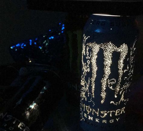 hi im with my bff and we got monsters and poked holes in them for 4 hours and we did it- yay :] Monster Energy Candle, Monster Can Light Holes, What To Do With A Monster Can, Things To Make With Cans, Monster Can Ideas, Monster Can Crafts, Monster Light, Monster Cans Diy, Monster Drink