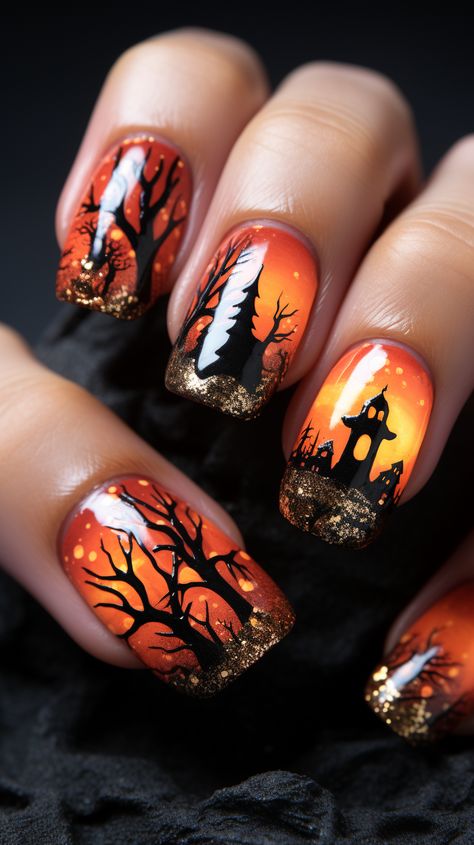 halloween nails Spider Nails Halloween, Ongles Halloween, Scarecrow Nails, Nail Halloween, Nail Tech School, Fingernails Painted, New Nail Art Design, Gothic Nails, Fancy Nails Designs