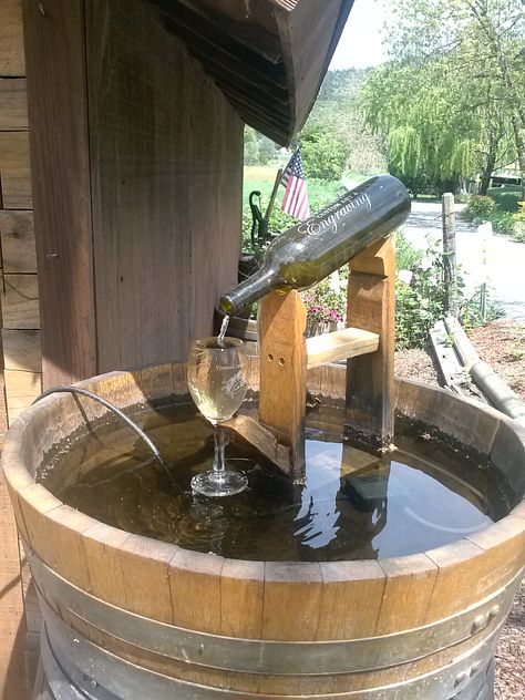 Qtr.Barrel 1 Glass 1 Bottle Fountain Barrel Fountain Ideas, Wine Barrel Fountain, Wine Bottle Fountain, Bottle Fountain, Barrel Fountain, Wine Barrel Planter, Diy Wine Bottle, Fountain Ideas, Barrel Projects