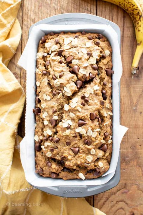 Super Moist Vegan Oatmeal Chocolate Chip Banana Bread (Gluten Free, Healthy Recipe) - Beaming Baker Banana Bread Gluten Free, Banana Oat Bread, Oatmeal Banana Bread, Vegan Easter Recipes, Healthy Chocolate Banana, Chocolate Banana Bread Recipe, Oats Chocolate, Bread Gluten Free, Oatmeal Banana