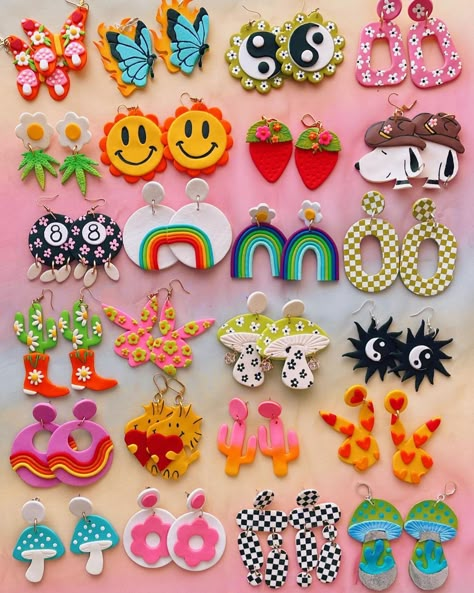 Funky Enamel Pins, Funky Clay Earrings Diy, Polymer Clay Beads Ideas, Maximalist Earrings, Funky Clay Earrings, Polymer Clay Earring Ideas, Polymer Clay Magnet, Diy Projects To Make And Sell, Fimo Earrings