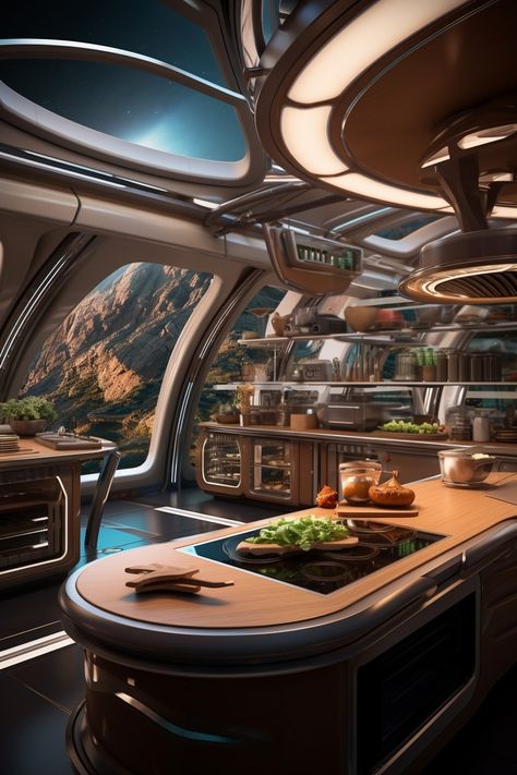 Spaceship Interior Kitchen, Futuristic City Utopia, Concept Vehicles Sci Fi, Sci Fi Architecture, Spaceship Interior, Retro Interior Design, Futuristic Home, Spaceship Art, Futuristic Interior