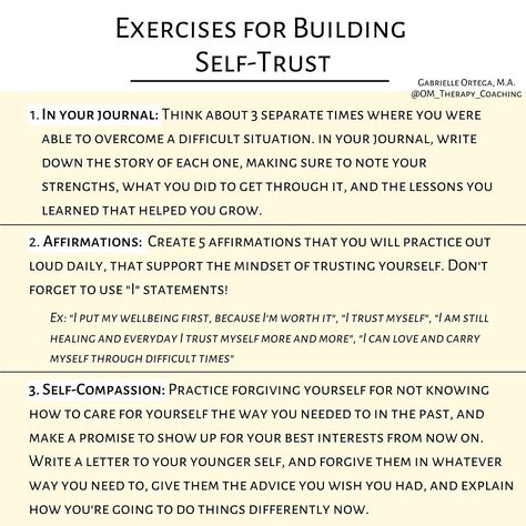 Gabrielle Ortega | Coach on Instagram: “✍🏻Exercises for Building a Self-Trust✍🏻⁣ ⁣ Happy Thursday, Lovelies!⁣ ⁣ Over the last few days we’ve been talking about the concept of…” Build Trust At Work, Questions To Build Trust, How To Trust Myself, Building Self Trust, Build Self Trust, Building Trust, How To Build Self Trust, Self Trust, How To Build Trust