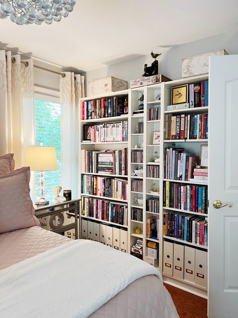 Bedroom With Bookcase, Mirror And Bench, Small Bedroom Layout, Bedroom Book, Book Corner, Bedroom Reveal, New Bedding, Pretty Perfume Bottles, Jewelry Chest