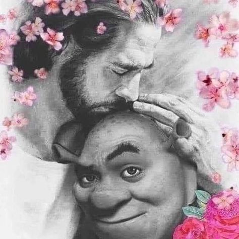 Shrek, A Man, Flowers