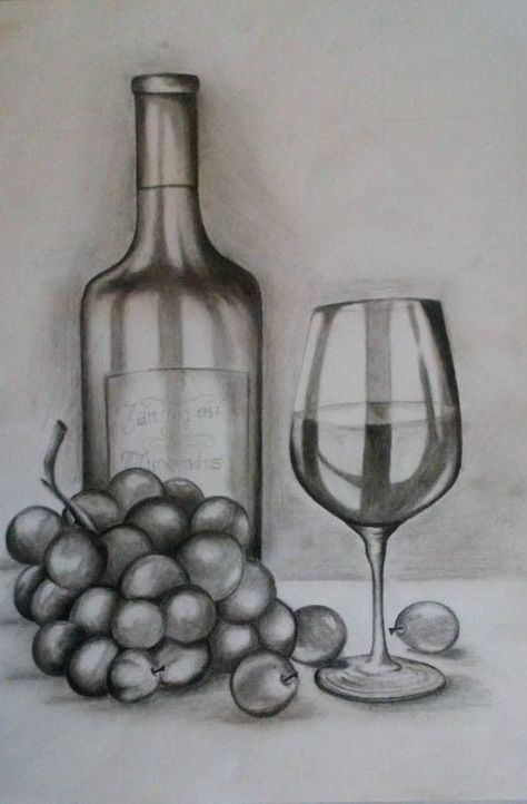 Wine Bottle Drawing, Easy Still Life Drawing, Steel Life, Pineapple Drawing, Canvas Art Painting Acrylic, Shading Drawing, Life Sketch, Bottle Drawing, Graphite Art