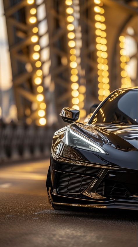 Sleek Chevy Corvette | Black on Gold #cars #supercar #chevy #corvette #artoftheday #carsofinstagram Black Corvette C8, Corvette C8 Wallpaper, Corvette Aesthetic, Corvette Wallpaper, Gold Cars, Black Car Wallpaper, Corvette C7 Stingray, Black Corvette, Car Iphone Wallpaper