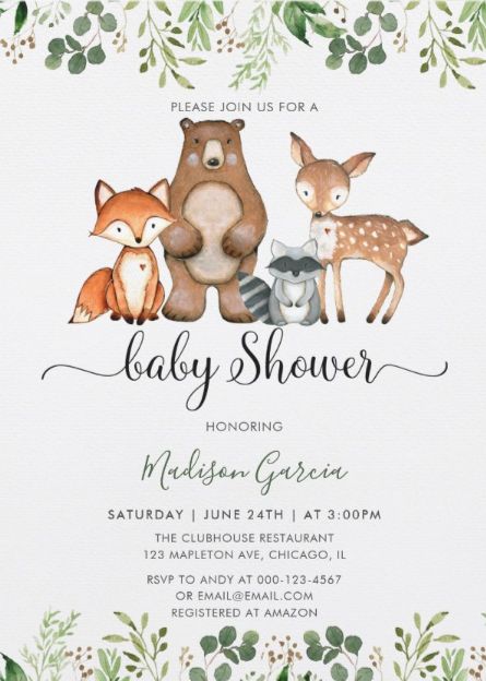 Forest Baby Shower Ideas, Woodland Forest Baby Shower, Forest Baby Shower Invitations, Woodland Theme Baby, Woodland Forest Animals, Forest Animal Baby Shower, Woodland Creatures Baby Shower, Virtual Baby Shower Invitation, Forest Baby Showers