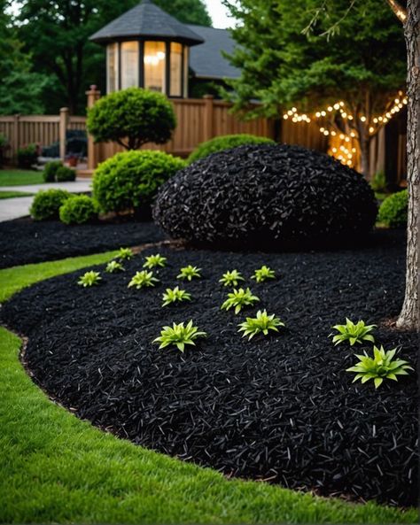 20 Elegant Black Mulch Landscaping Designs To Copy - Toolz Geek Black Mulch Landscaping, Mulch Ideas, Shrubs For Landscaping, Mulch Landscaping, Small Yard Landscaping, Garden Hedges, Jar Tea, Tropical Garden Design, Driveway Landscaping