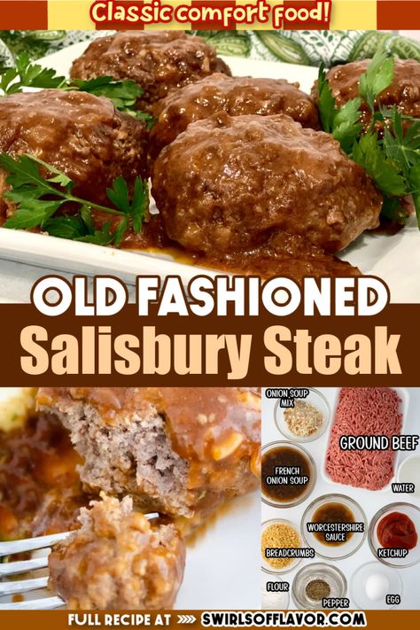 Old Fashioned Salisbury Steak Recipe is pure comfort food that’s a throwback to years ago. Seasoned ground beef patties simmer in a flavorful onion sauce and are ready in about 30 minutes. An easy weeknight dinner recipe! Salisbury Steak Recipe Cube Steak, Salisbury Steak Using Frozen Hamburger Patties, Salisbury Steak Recipe Ground Beef, Old Fashioned Meals Family Recipes, Ground Steak Recipes, Salisbury Steak Recipe Easy Stove Top, Salisbury Steak Recipe Easy, Old Fashioned Salisbury Steak Recipe, Easy Salisbury Steak Recipe